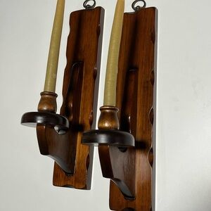 Vintage Solid Pine Wall Mounted Candle Sconce Set - “Scheibe”